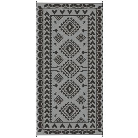 Reversible Outdoor Rug, Waterproof Plastic Straw With Carry Bag, 9 X 18, Black & Gray Rhombus Patchwork
