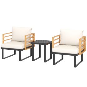 Outsunny 3 Piece Metal Bistro Set, Small Patio Furniture Set with Cushions, Armchairs, Slatted Table for Backyard Balcony, Beige