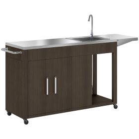 Outsunny Outdoor Grill Table with Stainless Steel Sink and Drainage, Grill Cart with Foldable Side Table and Cabinet