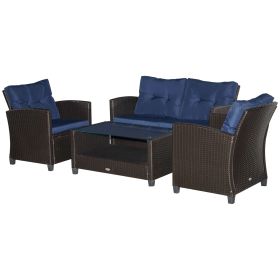 Outsunny 4pc Blue Rattan Wicker Patio Furniture Set with Chairs Table Outdoor Conversation Set